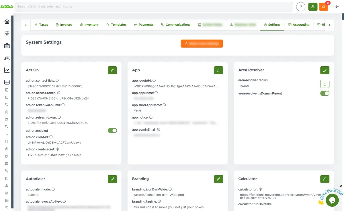 MoveRight integrations settings — connect Dialpad, CallRail, PandaDoc, Stripe, and more