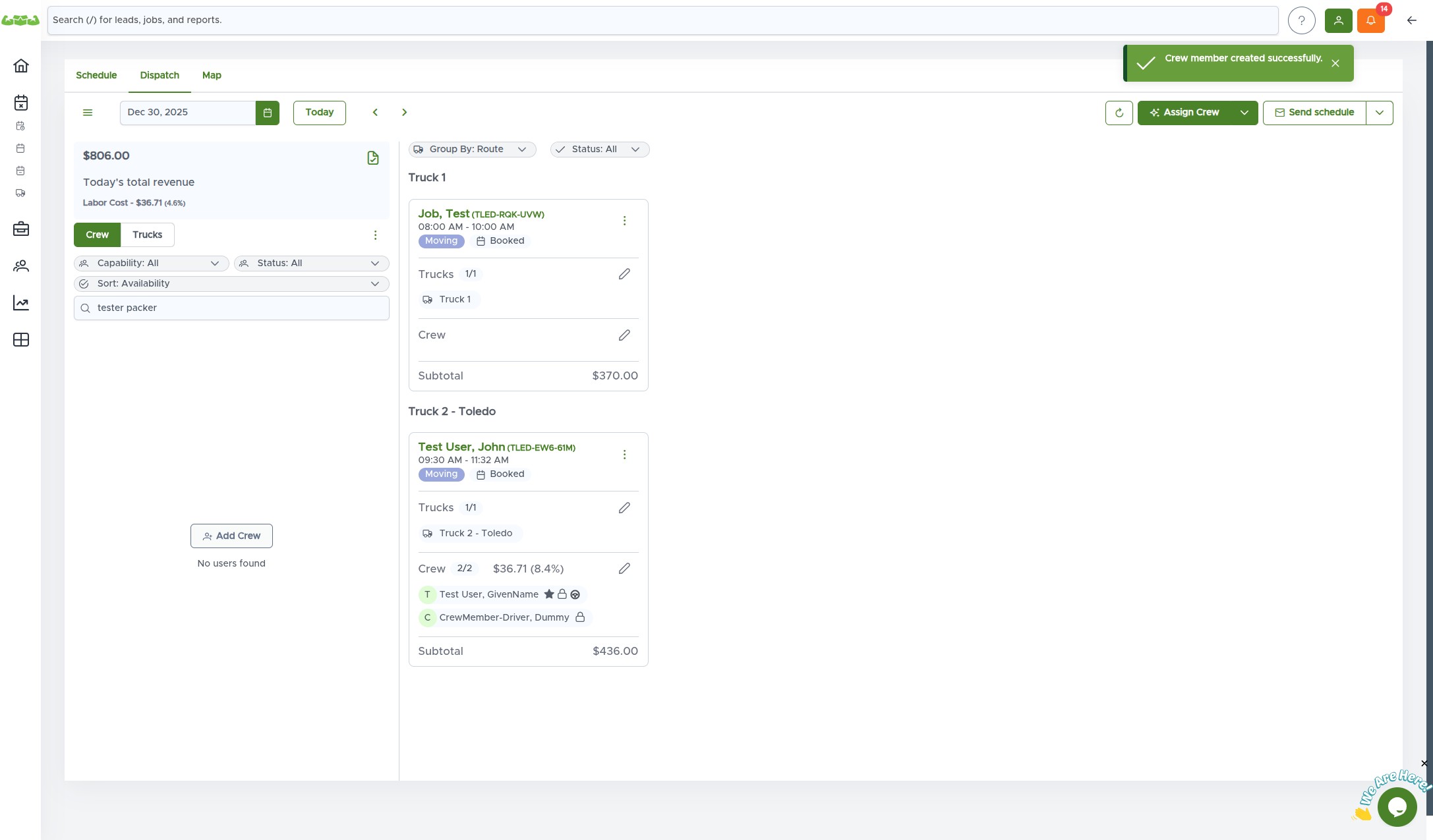 The Add Crew button highlighted on the Dispatch page