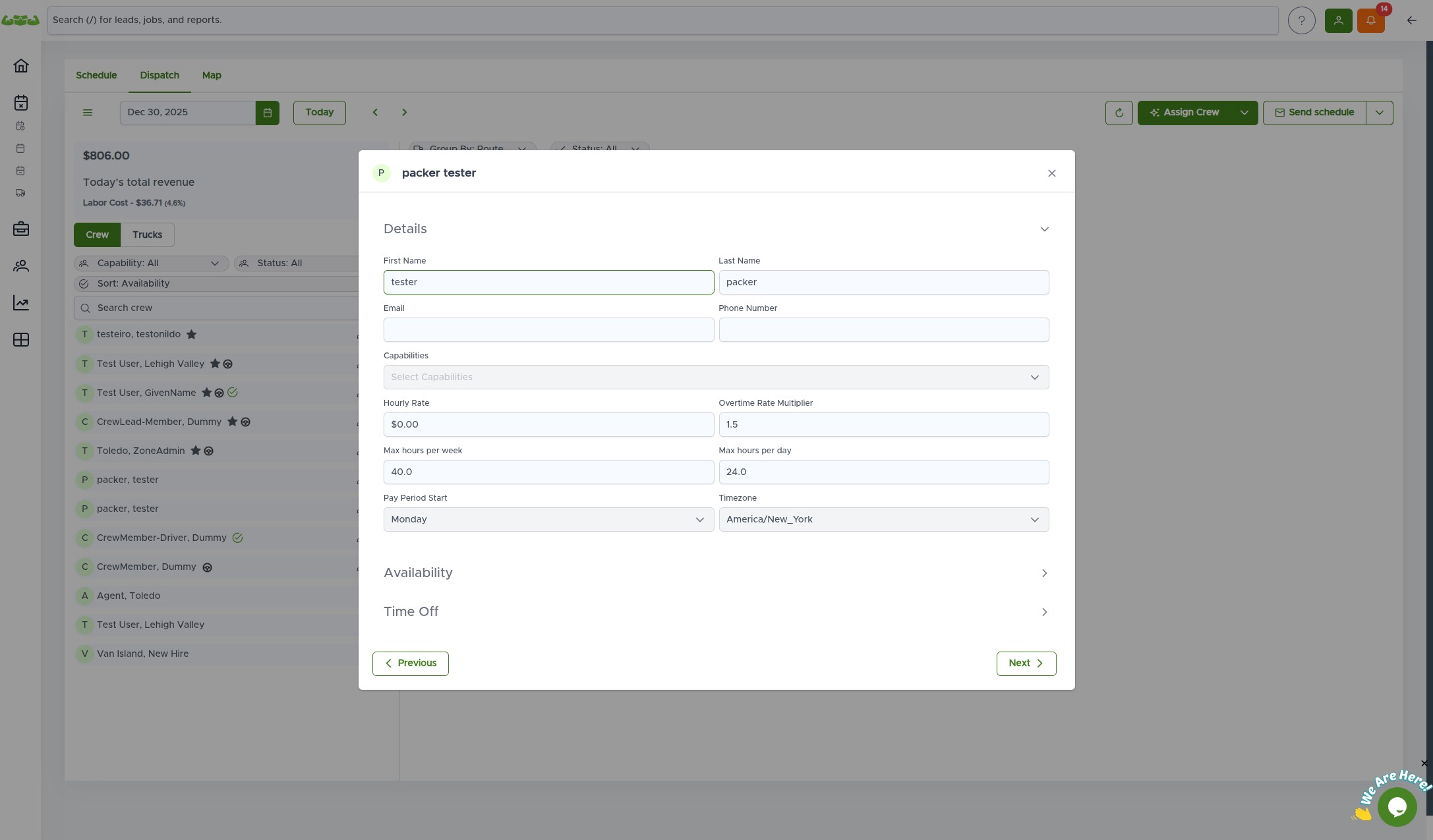 Work Limits section with max hours per day and per week fields