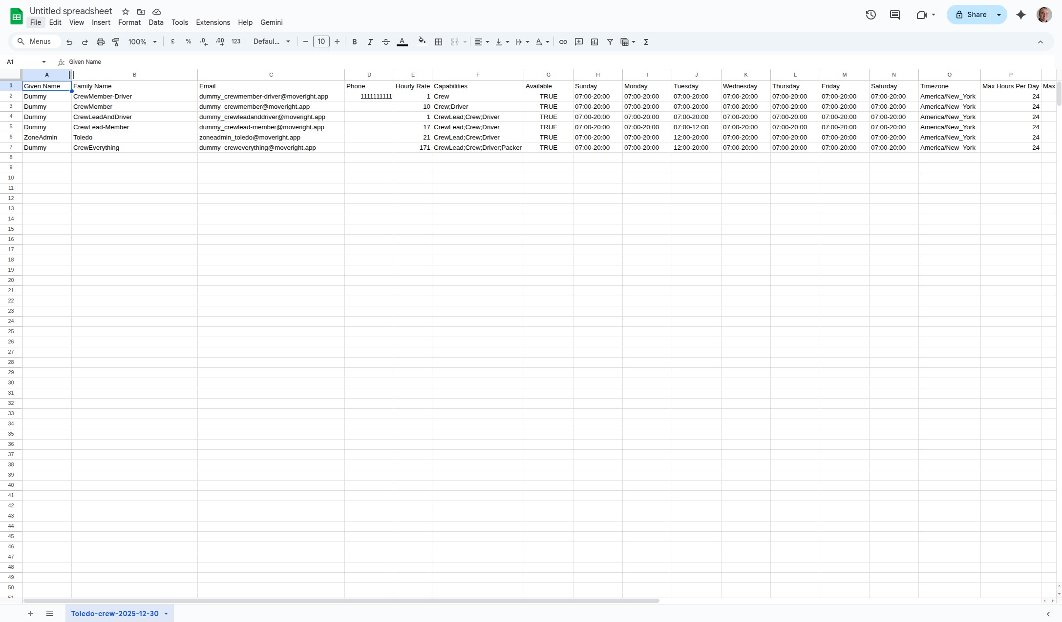 Clicking the Upload Crew CSV option