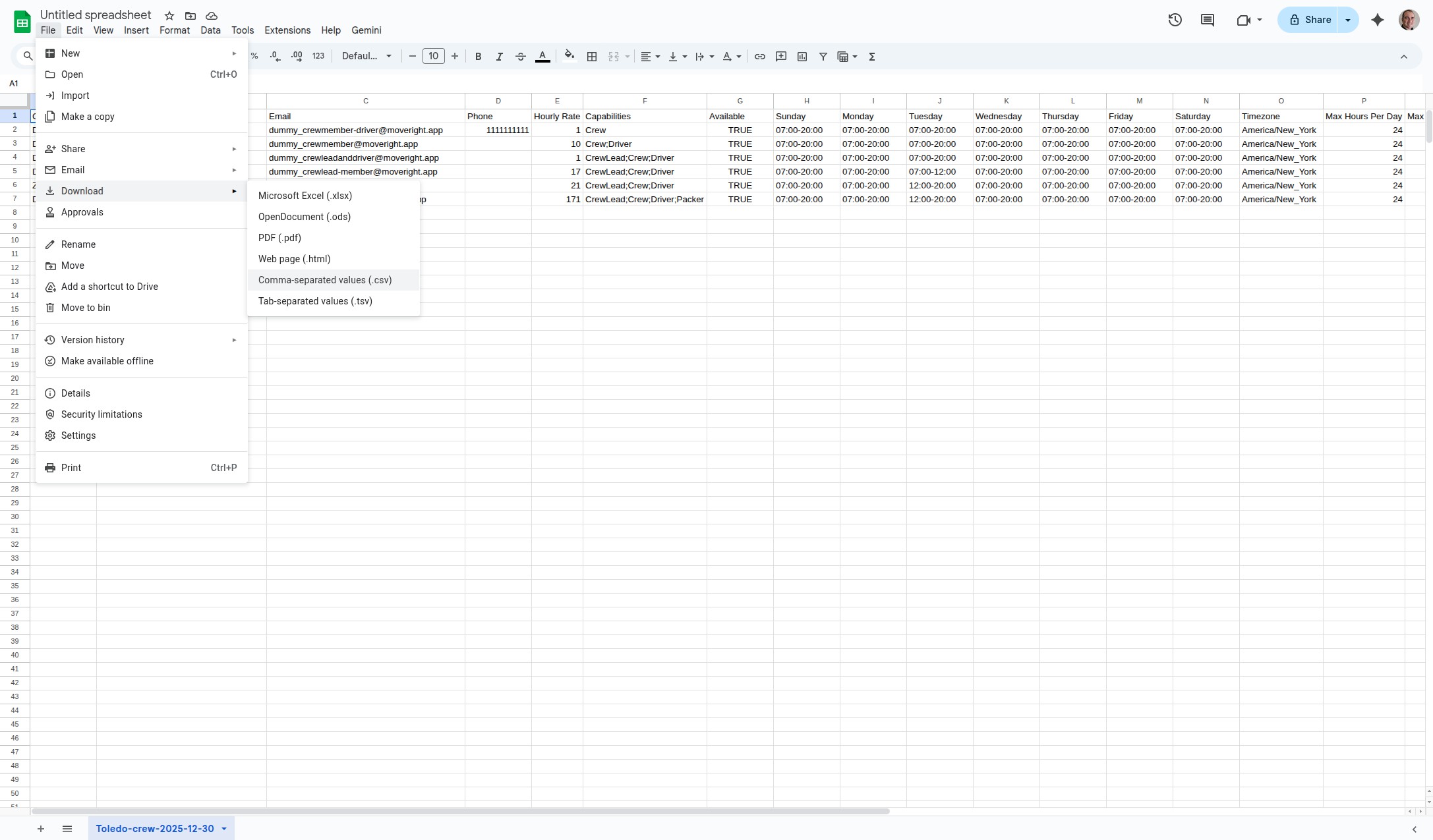 The CSV file uploading to MoveRight