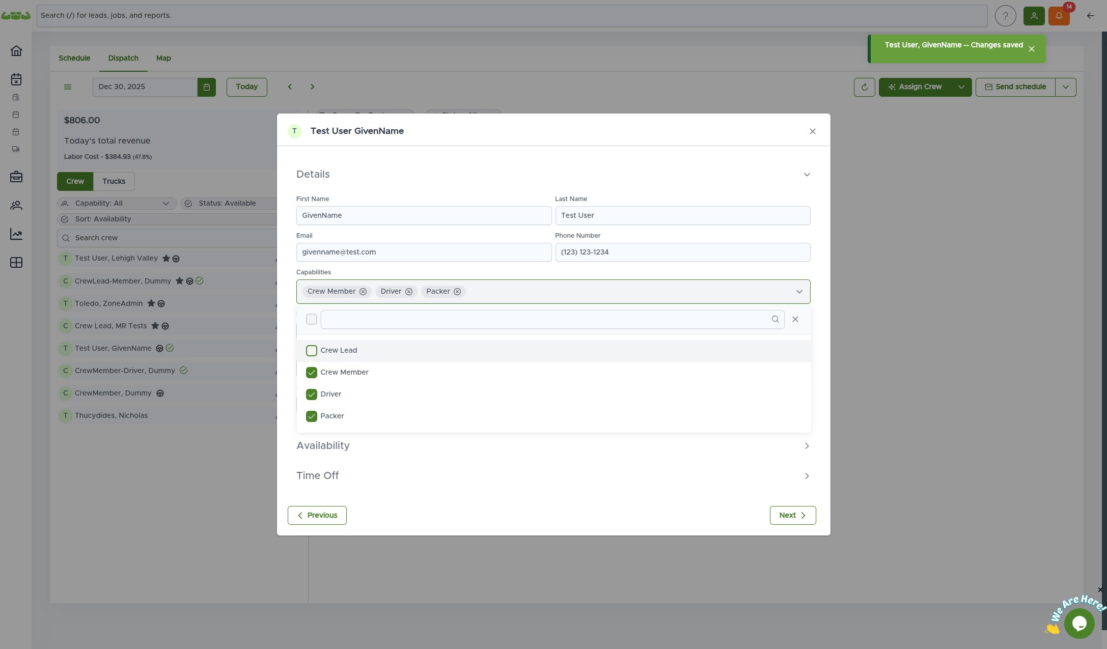 Capabilities checkboxes in the crew profile