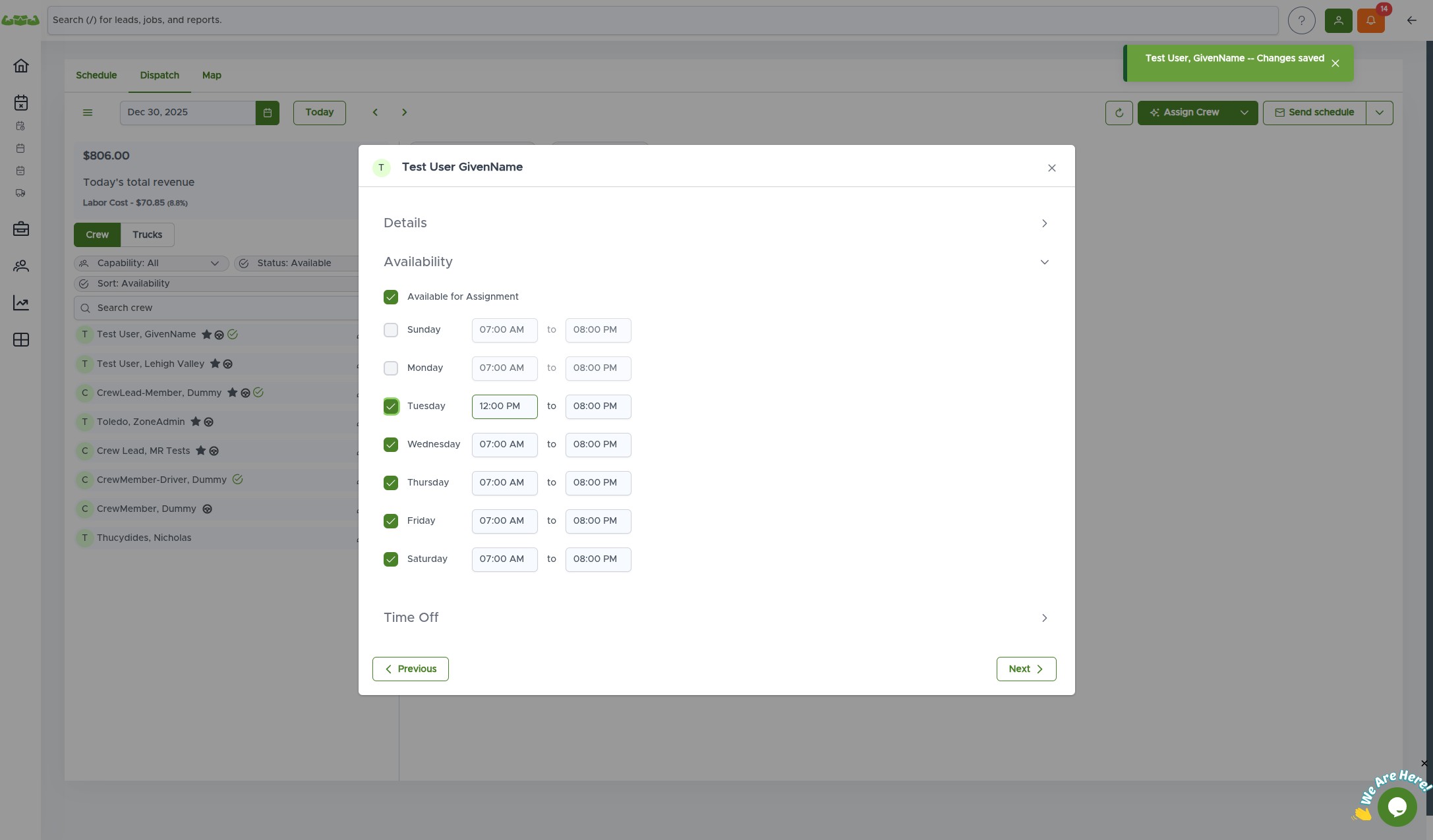 Crew Lead capability checkbox selected