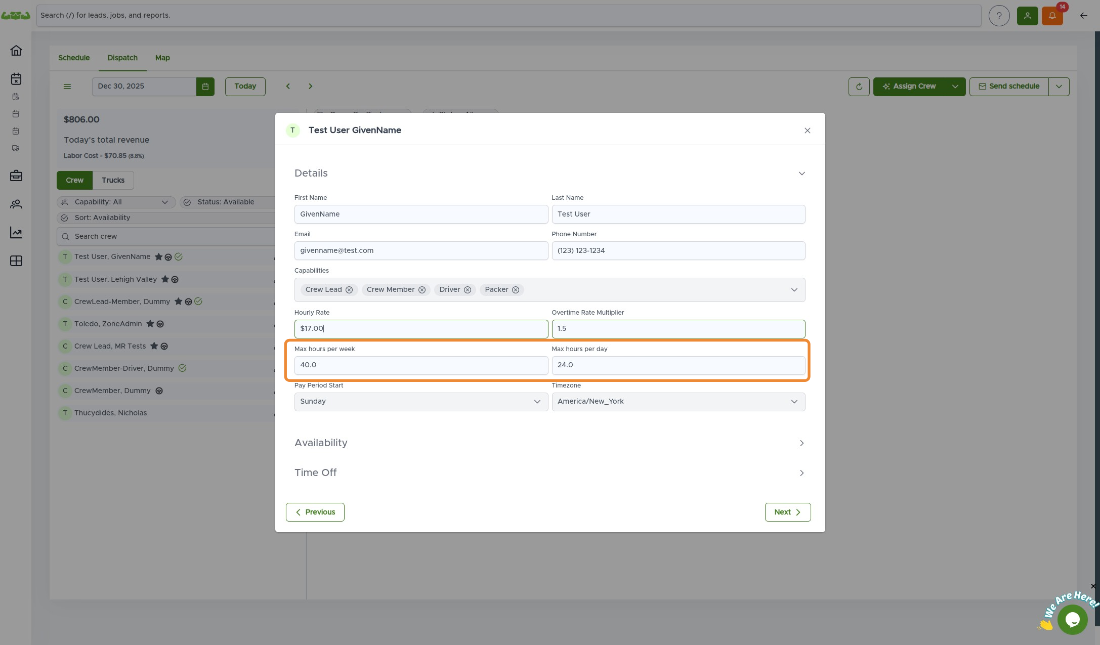Setting working hours for each day in the Availability tab