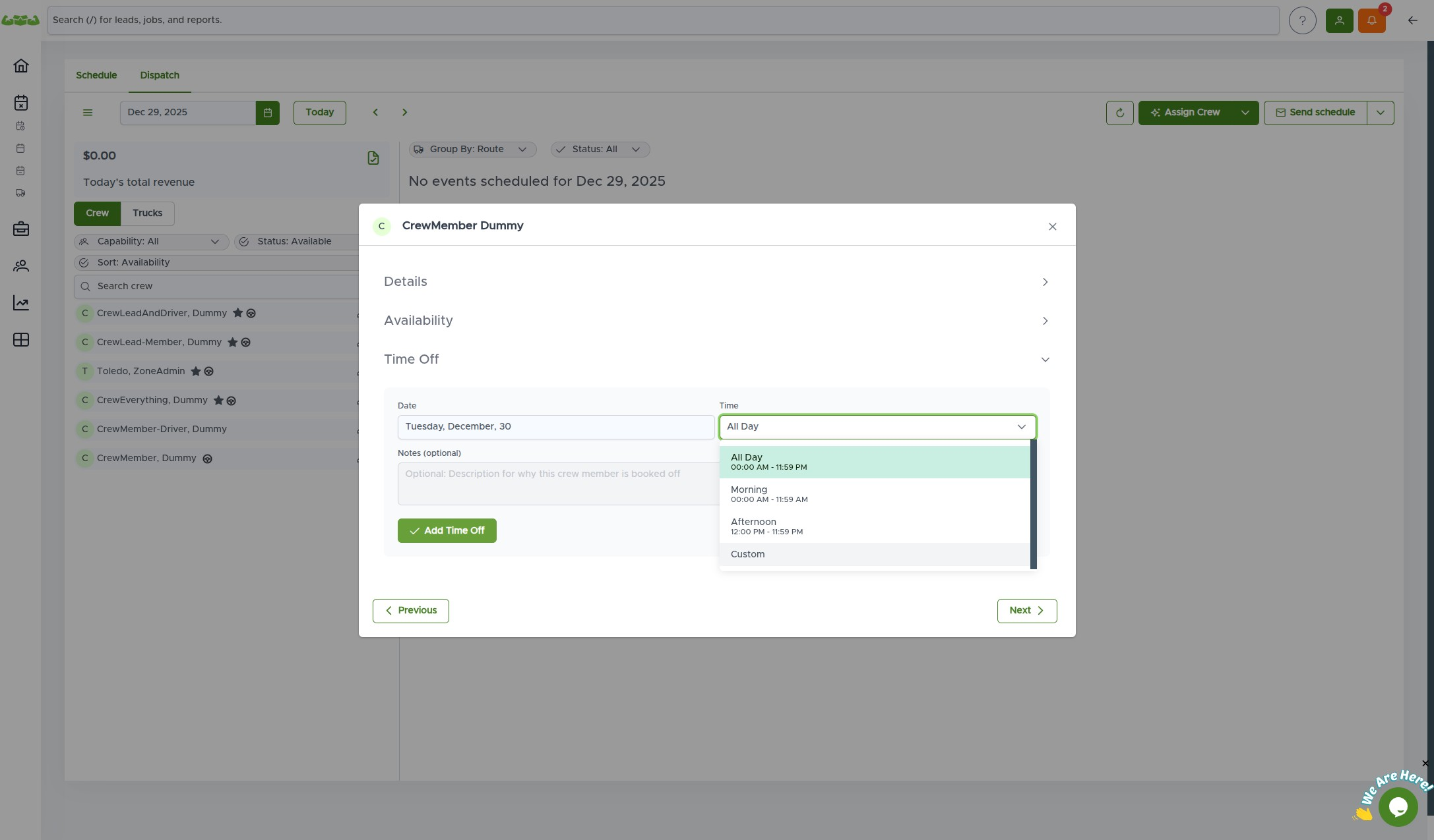 Custom time option selected in the dropdown