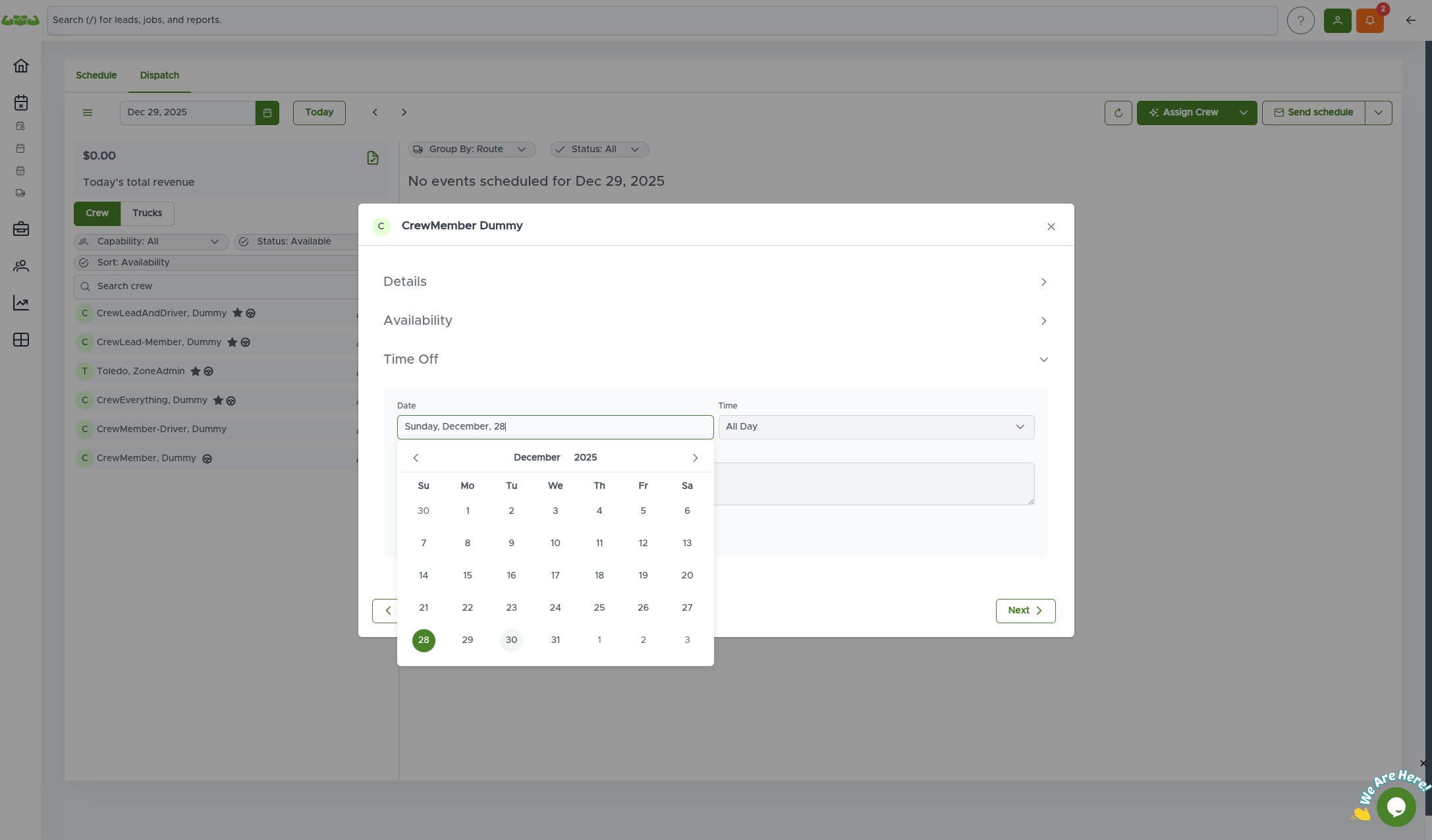 The Time dropdown showing time-off duration options