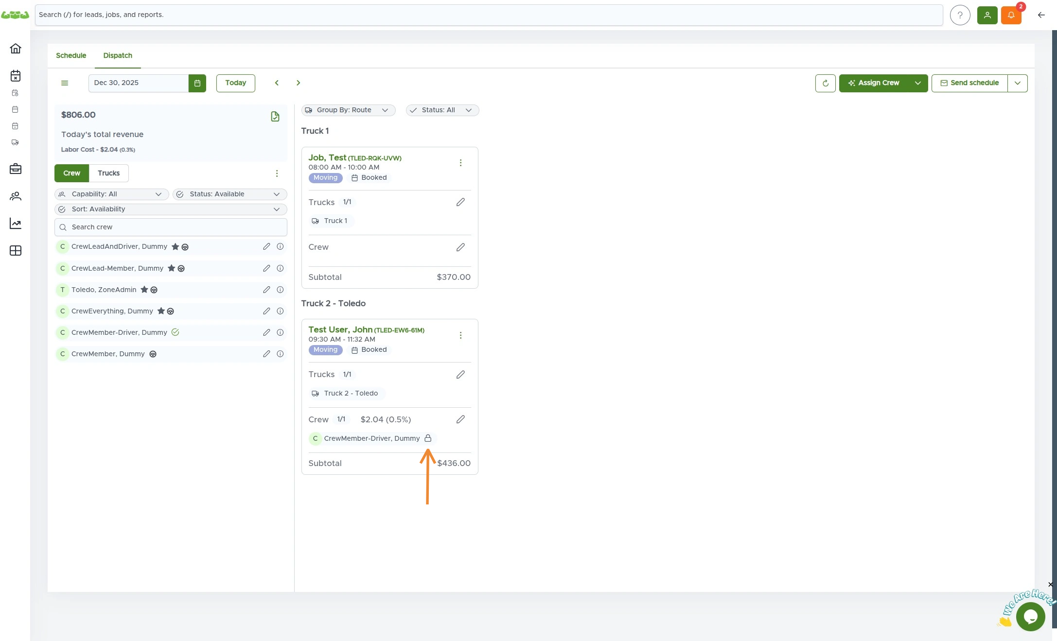 The green Assign Crew button highlighted on the Dispatch page