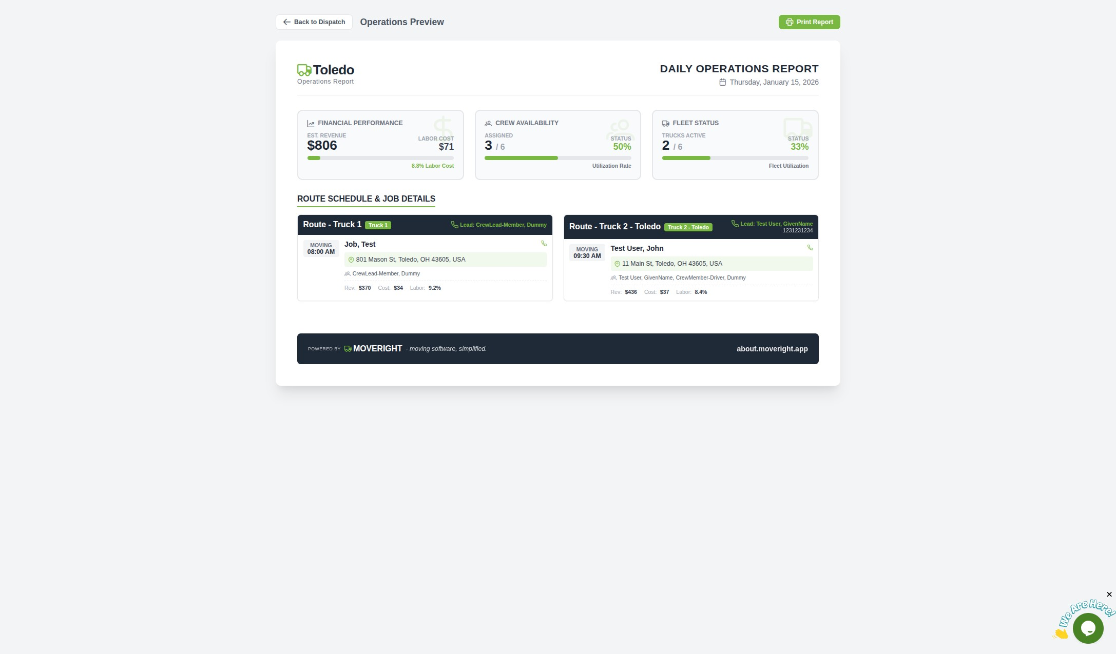 Detailed view of the Operations Report with job details, crew, and financial data