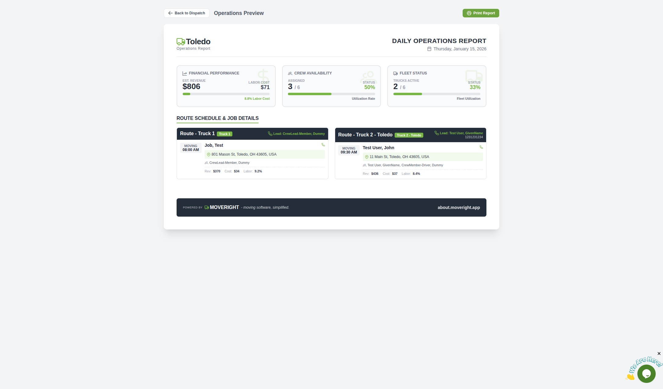 The Print Report button on the Operations Report page