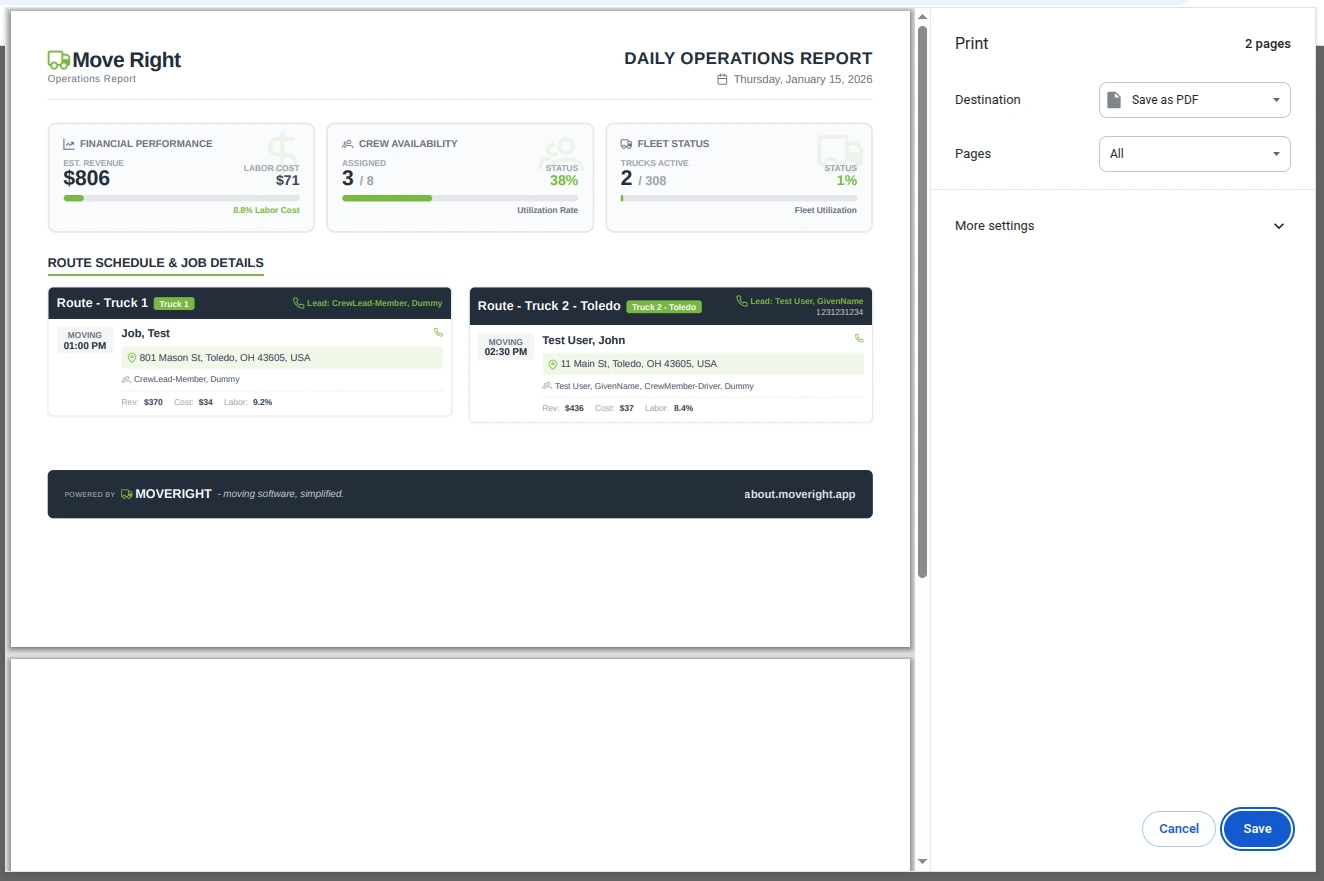 The Operations Report view showing company name, date, and job list