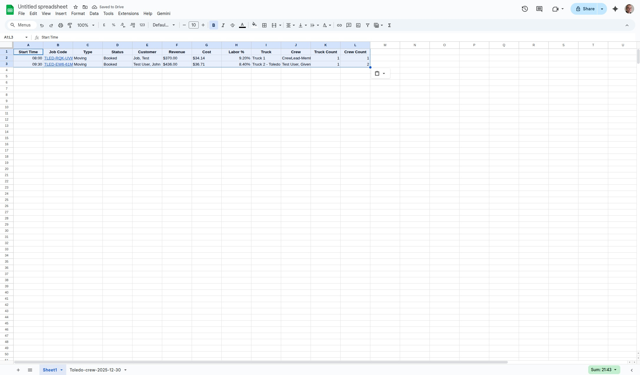 The final exported schedule in spreadsheet format